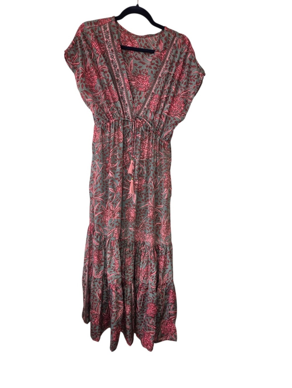 Karma Highway One Size Floral Pink Gray Boho Maxi Dress with Drawstring Waist